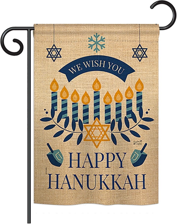 Wish You Happy Hanukkah Double Burlap Garden Flag