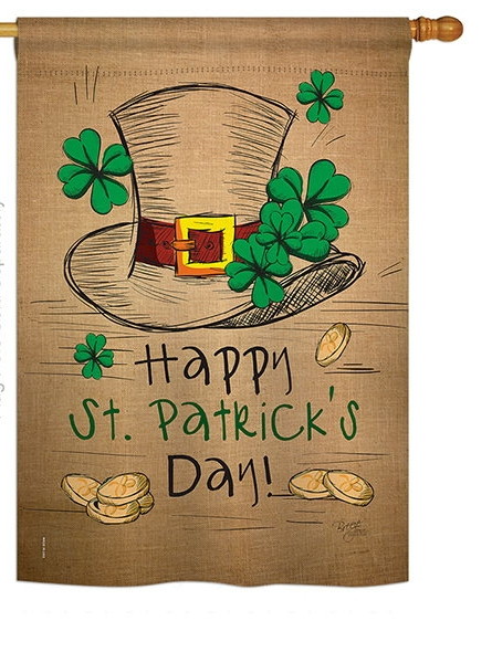 St Pat\'s Hat Burlap House Flag