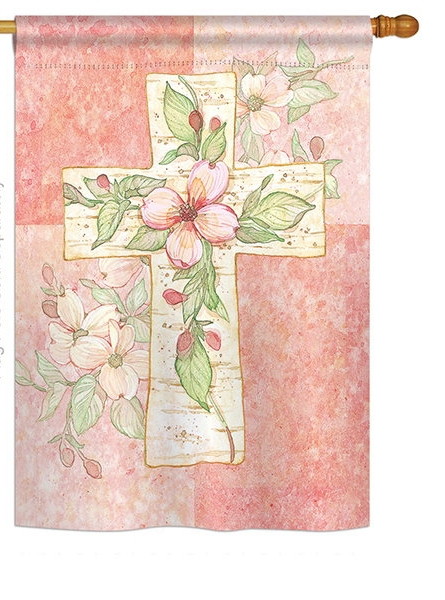 Pink Flower Cross House Flag