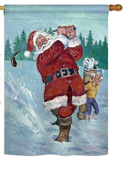 Snow Golfing Santa House Flag