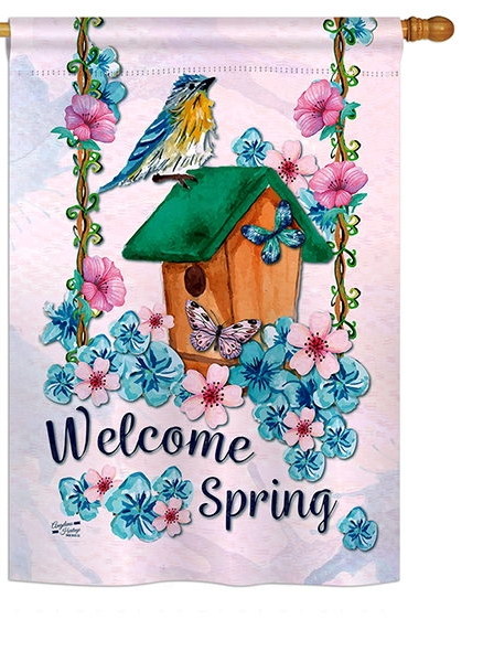 Welcome Spring Bird House Flag