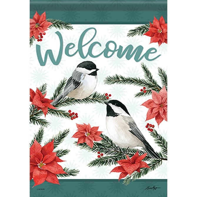 Poinsettia Chickadees House Flag