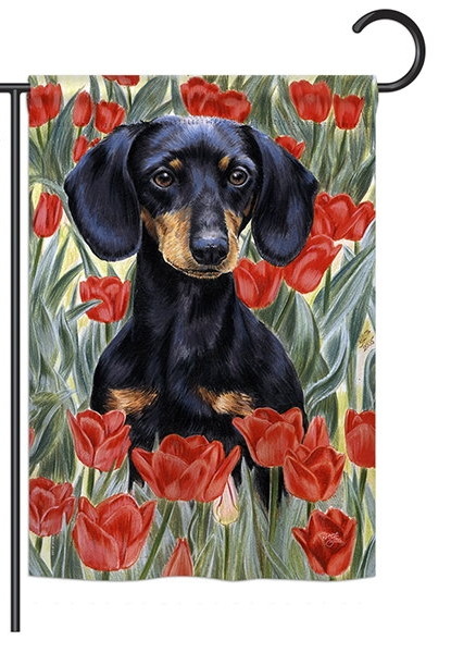 Dachsund In Tulips Garden Flag