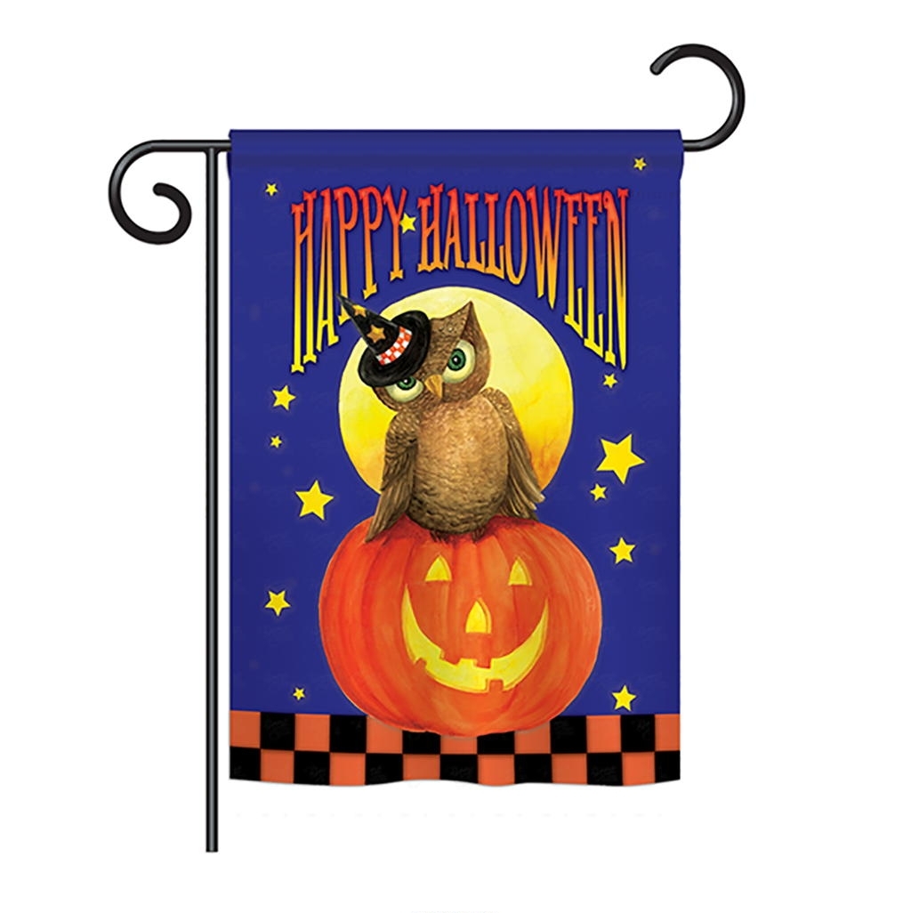 Owl Sitting On Jack-O-Lantern Garden Flag