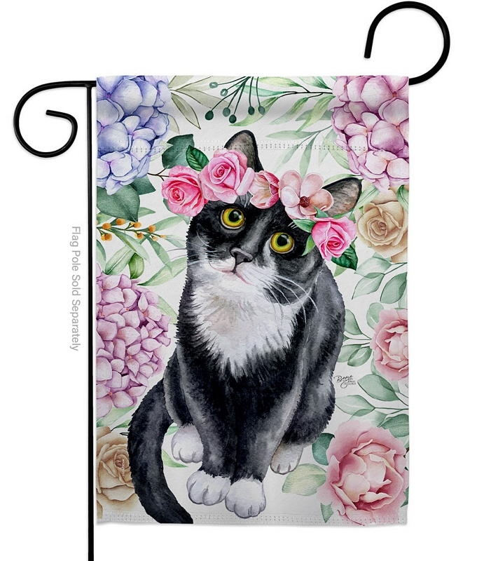 Floral Tuxedo Cat Garden Flag