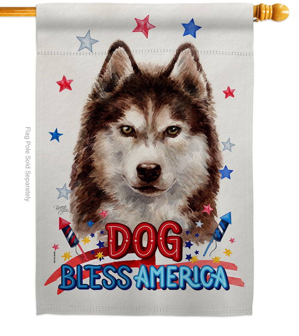 Patriotic Brown Siberian Husky House Flag