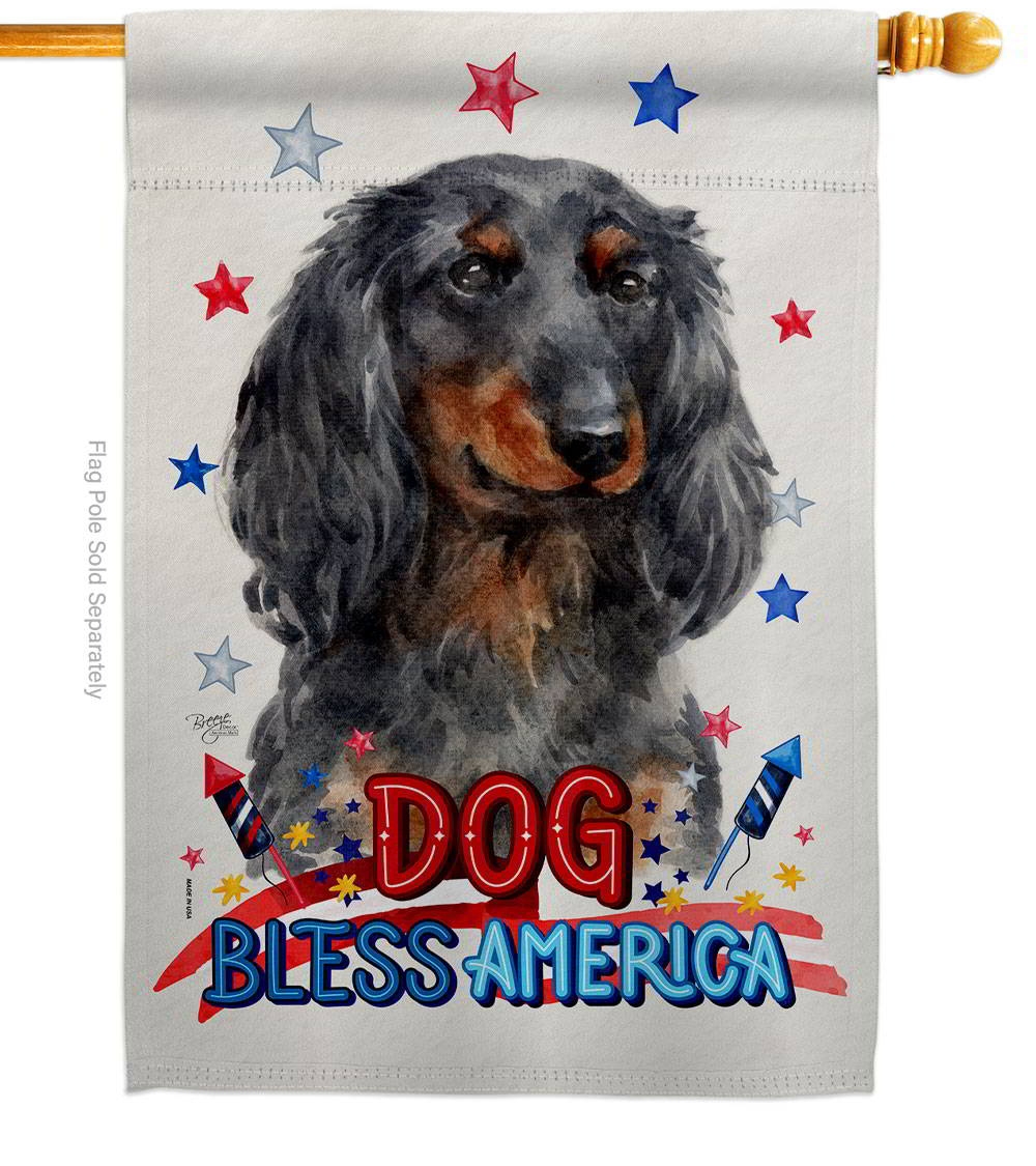 Patriotic Blue Long Hair Dachshund House Flag