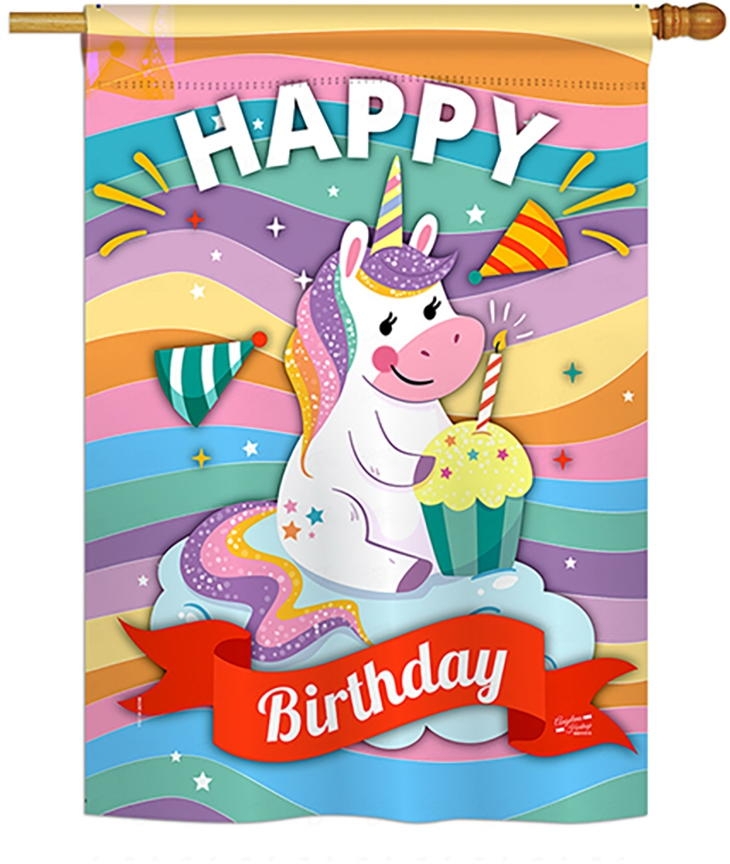 Unicorn Happy Birthday House Flag