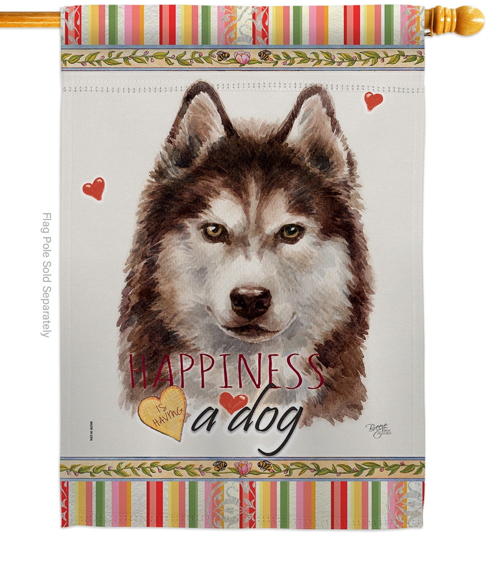 Brown Siberian Husky Happiness House Flag