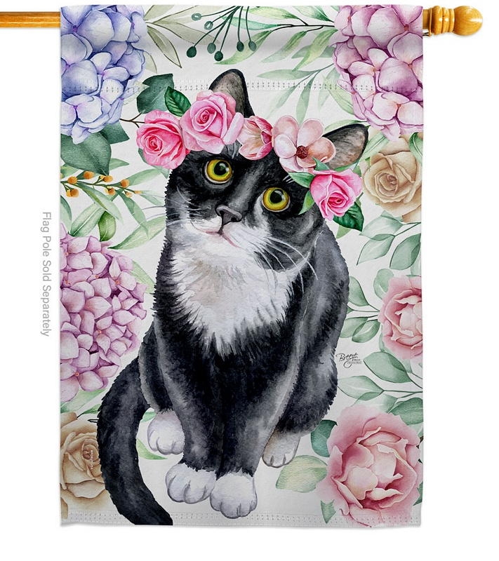 Floral Tuxedo Cat House Flag