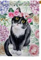 Floral Tuxedo Cat House Flag